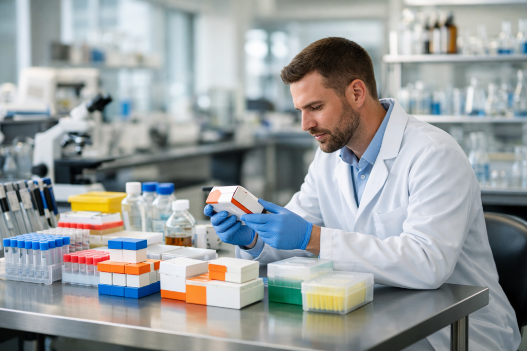 Scientist Organizing Laboratory Supplies