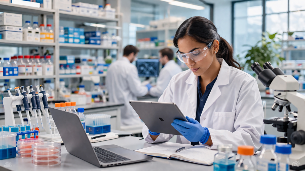 Scientist Managing Lab Workflow in Modern Biotech Lab