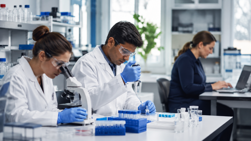 Scientists Working in a Modern Biotech Laboratory