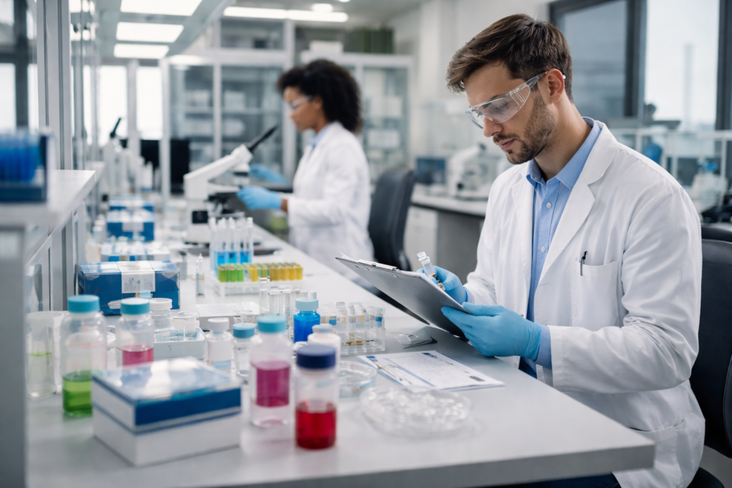Scientists Managing Lab Supplies in Modern Biotech Lab
