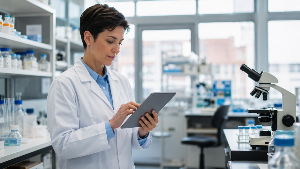 Scientist Managing Lab Supplies in Modern Laboratory