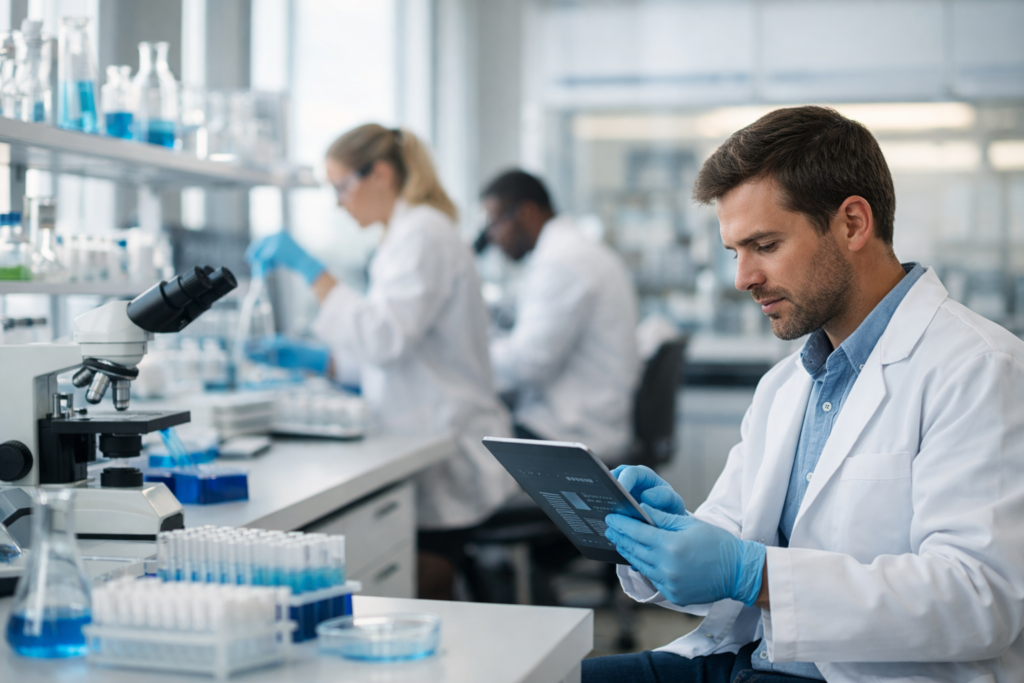Scientists Working in Modern Biotech Lab